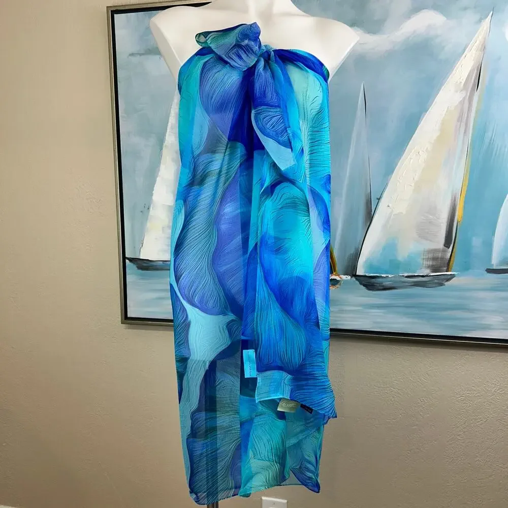 from tortola with love Blue Hibiscus Silk Sarong /Scarf  NWOT
